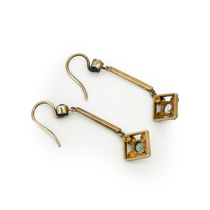 Antique Aquamarine + Pearl + 9ct Yellow Gold Drop Earrings
