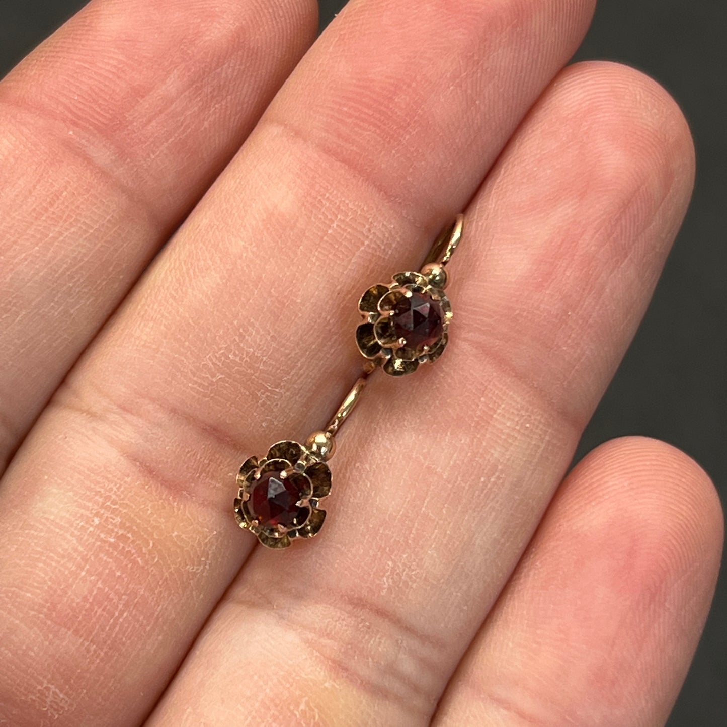 Antique Art Nouveau Garnet + 14ct Rose Gold Floral Dormeuse Earrings