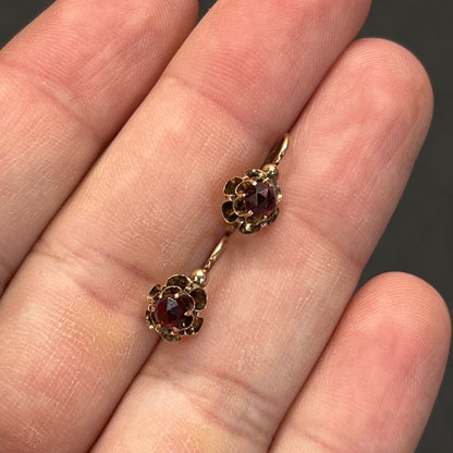 Antique Art Nouveau Garnet + 14ct Rose Gold Floral Dormeuse Earrings