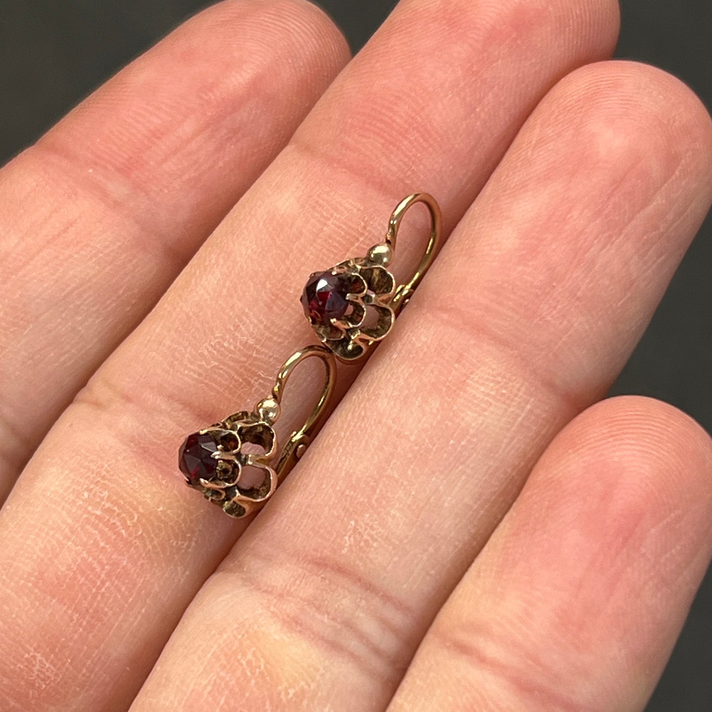 Antique Art Nouveau Garnet + 14ct Rose Gold Floral Dormeuse Earrings