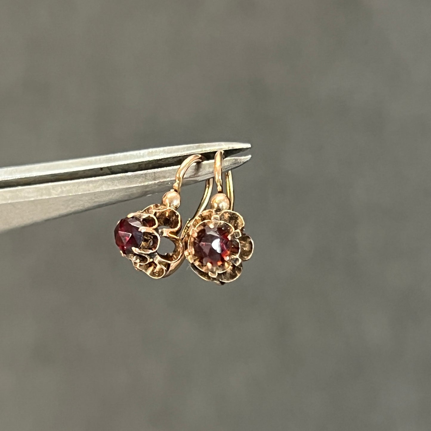 Antique Art Nouveau Garnet + 14ct Rose Gold Floral Dormeuse Earrings