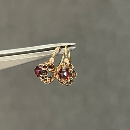 Antique Art Nouveau Garnet + 14ct Rose Gold Floral Dormeuse Earrings