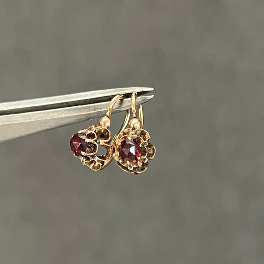 Antique Garnet + 14ct Rose Gold Floral Dormeuse Earrings