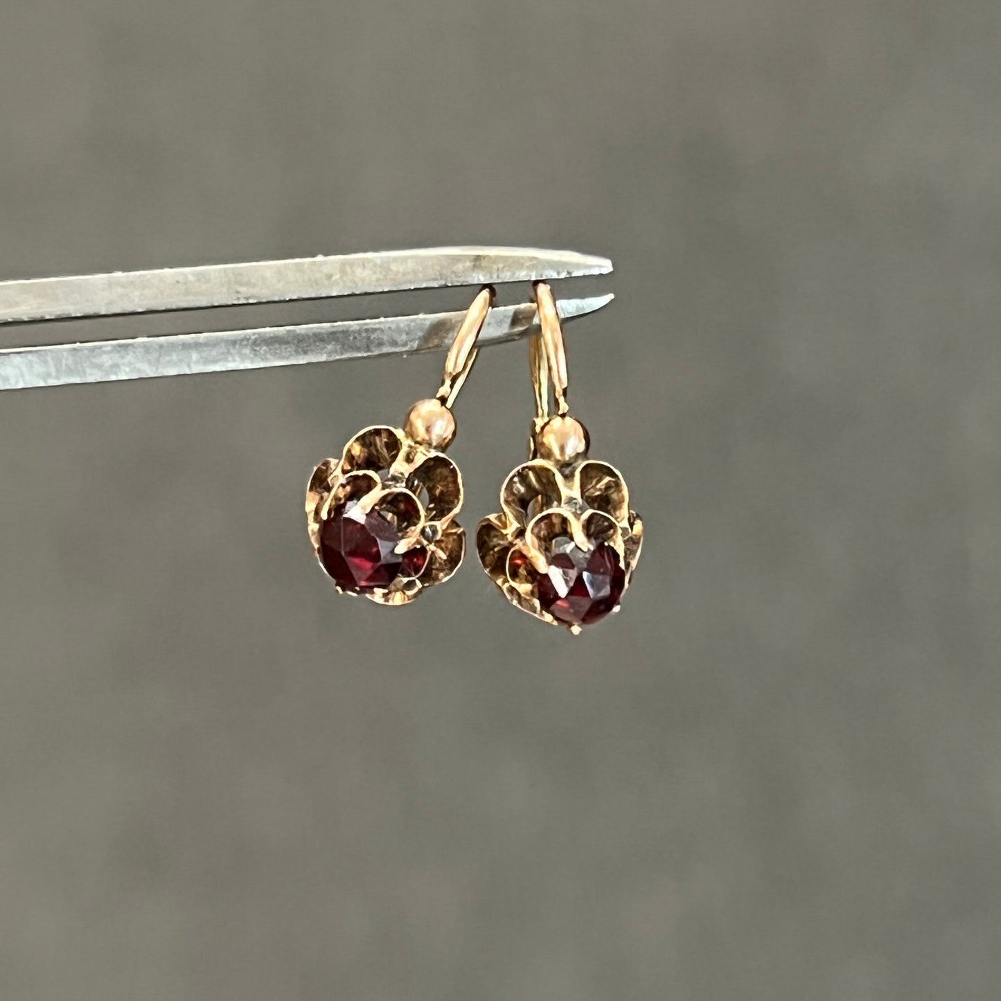 Antique Art Nouveau Garnet + 14ct Rose Gold Floral Dormeuse Earrings