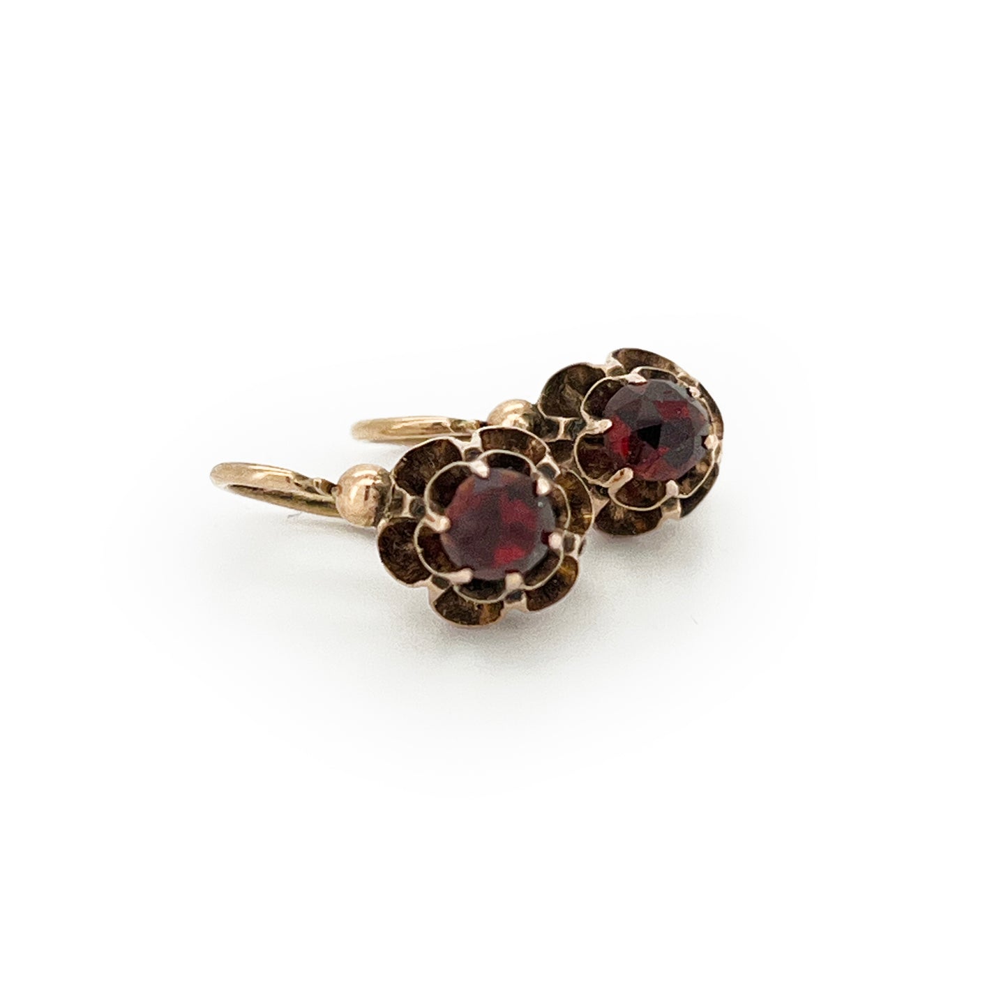 Antique Art Nouveau Garnet + 14ct Rose Gold Floral Dormeuse Earrings
