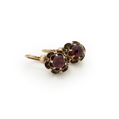 Antique Art Nouveau Garnet + 14ct Rose Gold Floral Dormeuse Earrings