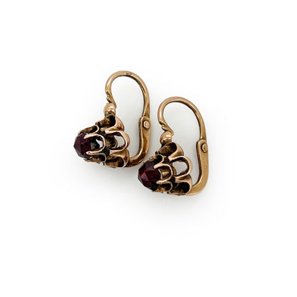 Antique Art Nouveau Garnet + 14ct Rose Gold Floral Dormeuse Earrings