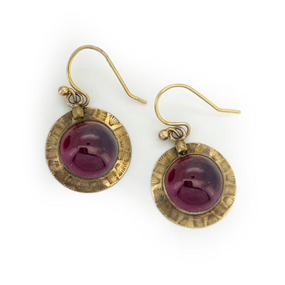 Antique Art Deco Cabochon Garnet + 14ct Yellow Gold Disc Earrings