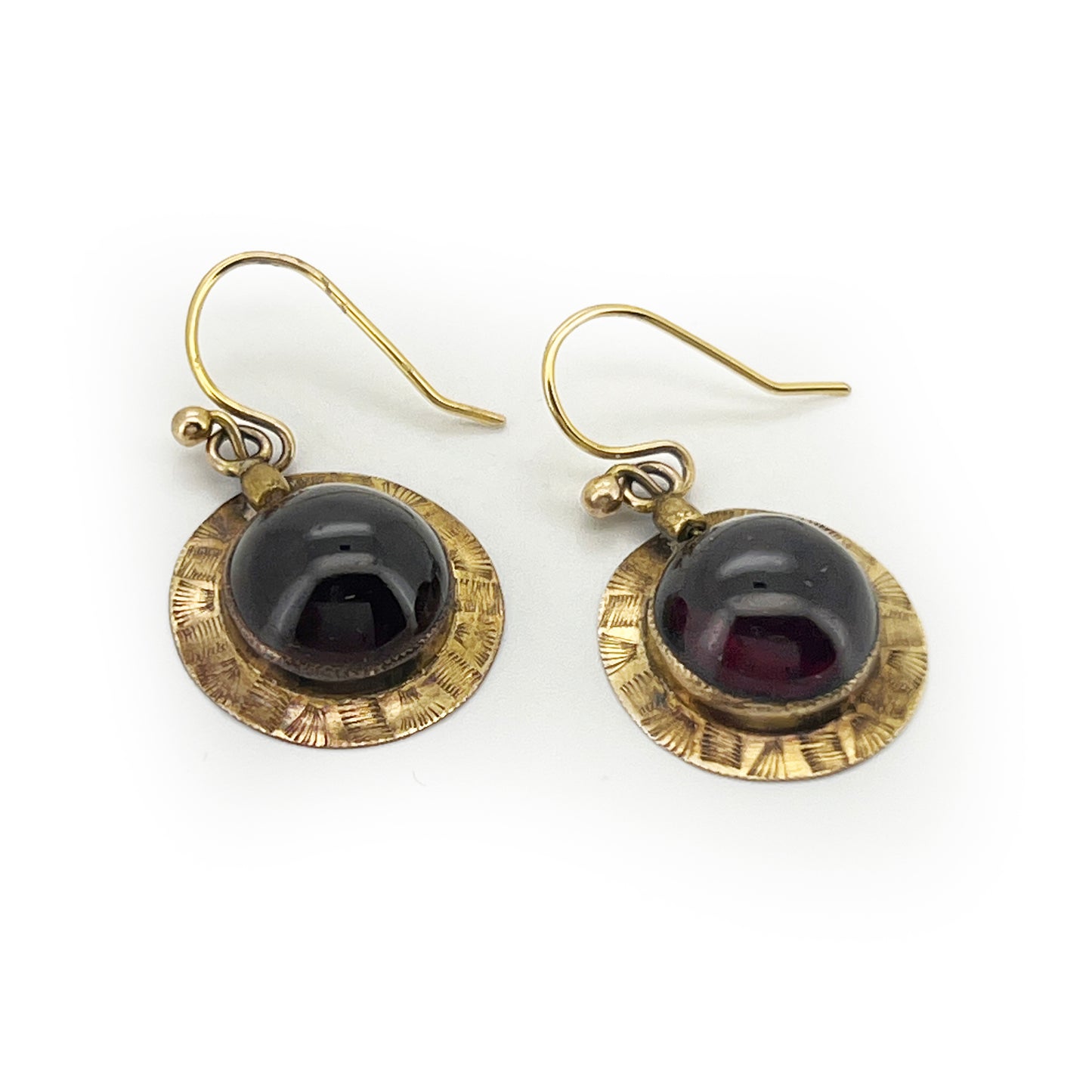 Antique Art Deco Cabochon Garnet + 14ct Yellow Gold Disc Earrings