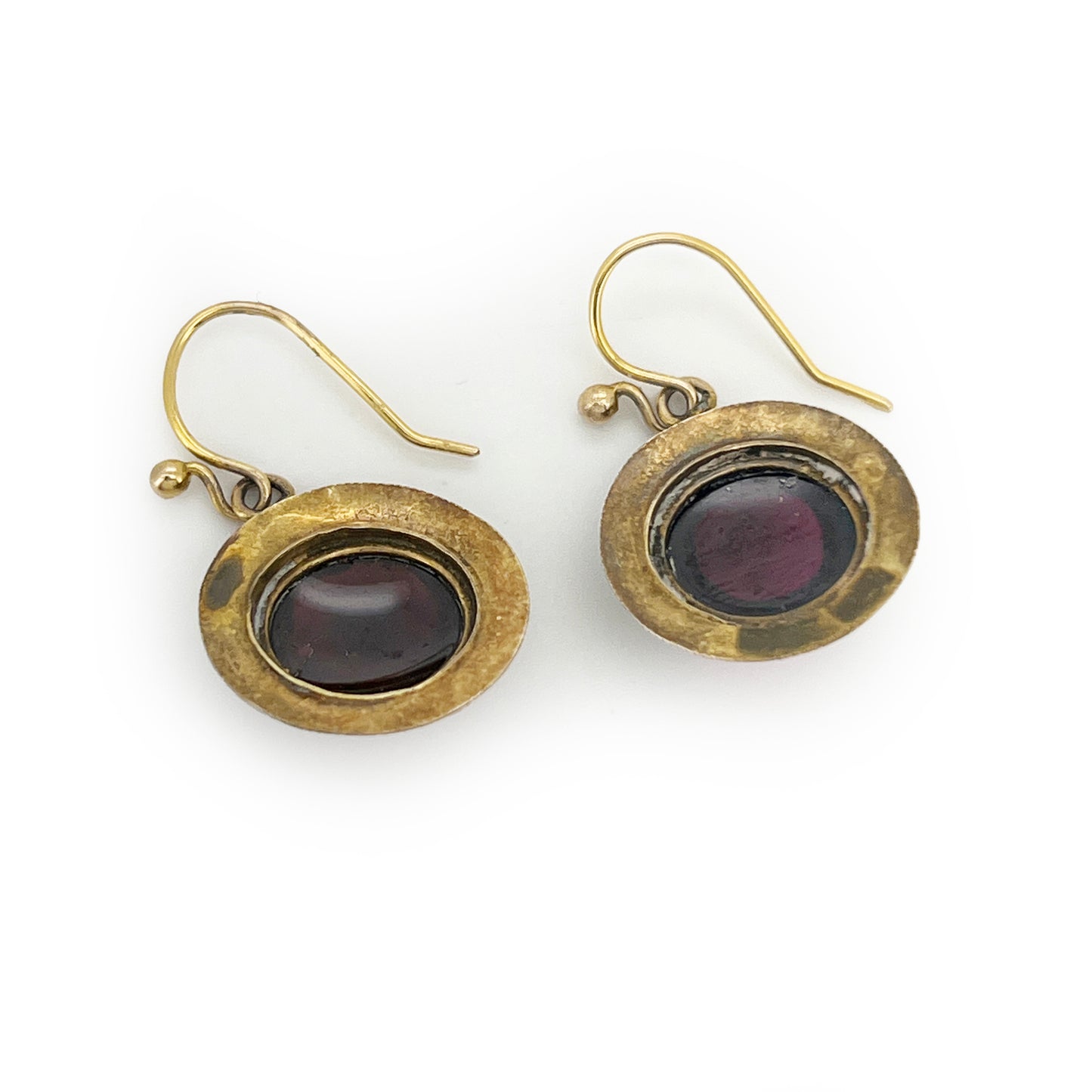 Antique Art Deco Cabochon Garnet + 14ct Yellow Gold Disc Earrings