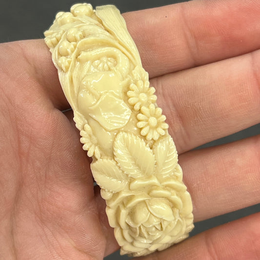 Vintage Ivorine Floral Thick Bangle - 7.75"