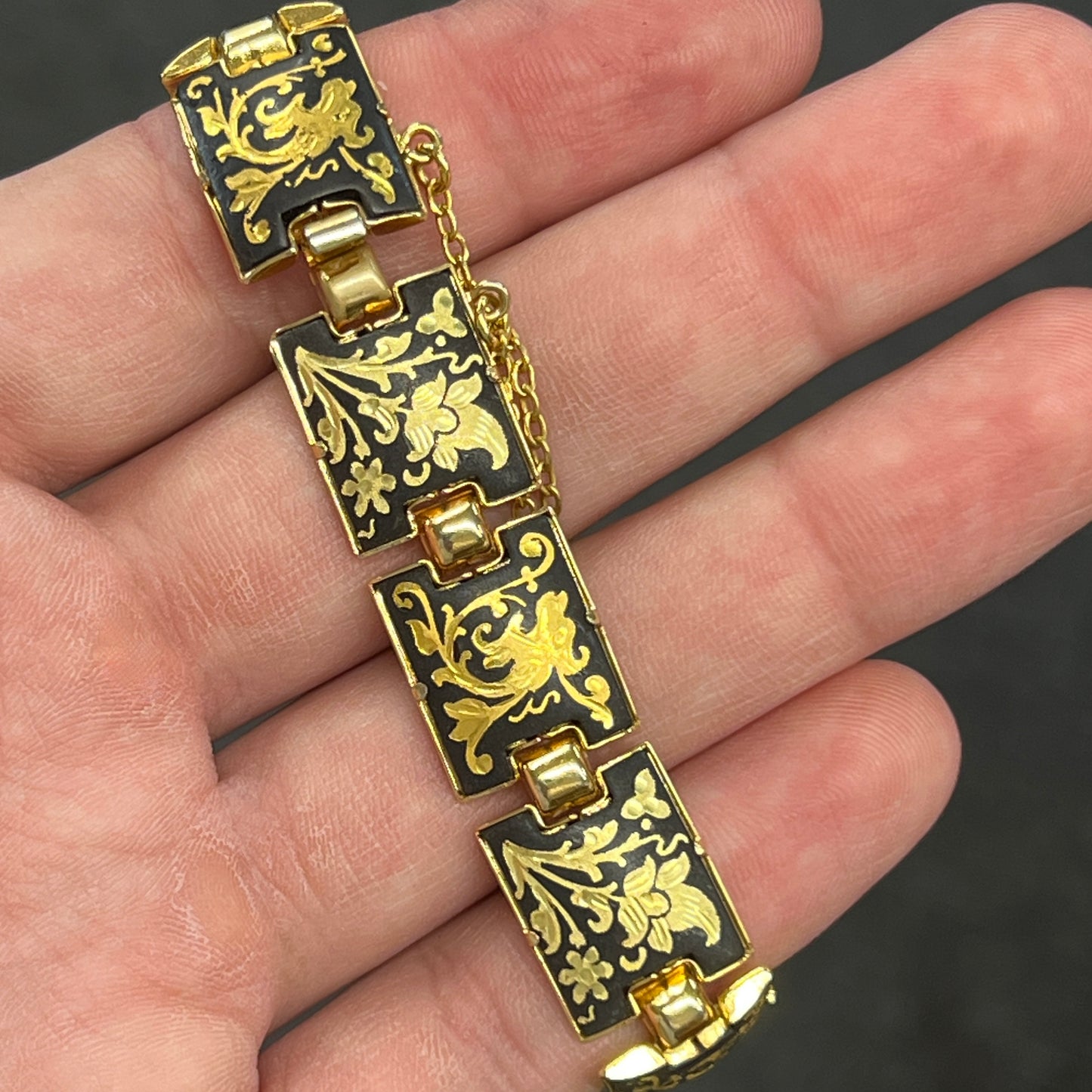Vintage Damascene Floral Panel Bracelet - "