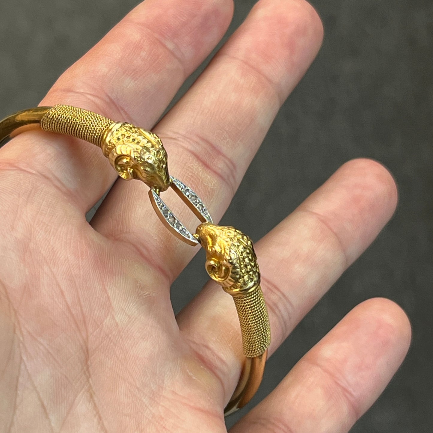 Vintage Diamond + 18ct Yellow Gold Rams Head Bangle - 8.5"
