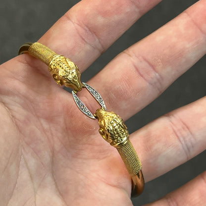 Vintage Diamond + 18ct Yellow Gold Rams Head Bangle - 8.5"