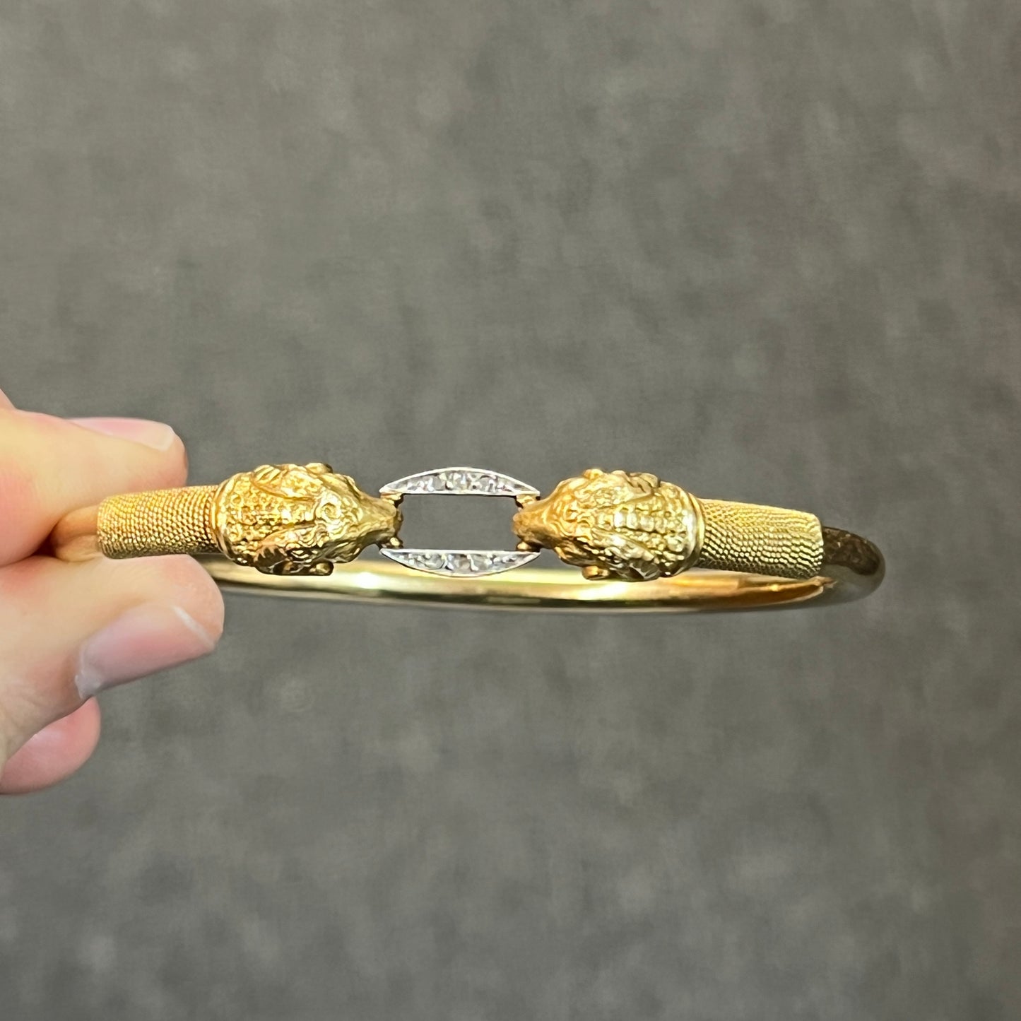 Vintage Diamond + 18ct Yellow Gold Rams Head Bangle - 8.5"