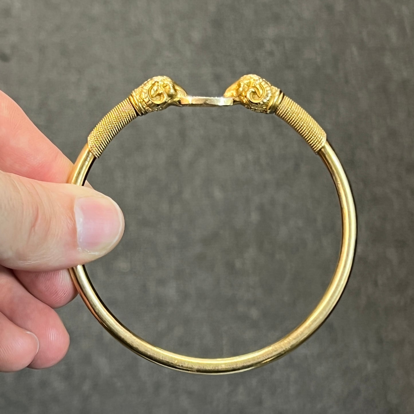 Vintage Diamond + 18ct Yellow Gold Rams Head Bangle - 8.5"