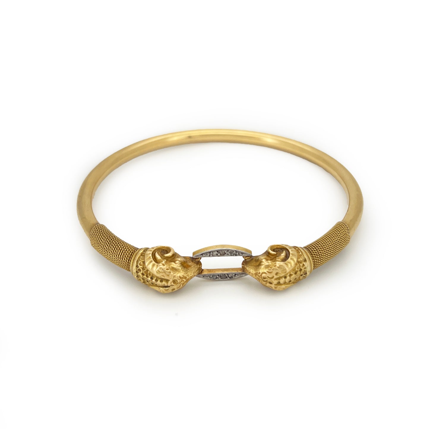 Vintage Diamond + 18ct Yellow Gold Rams Head Bangle - 8.5"