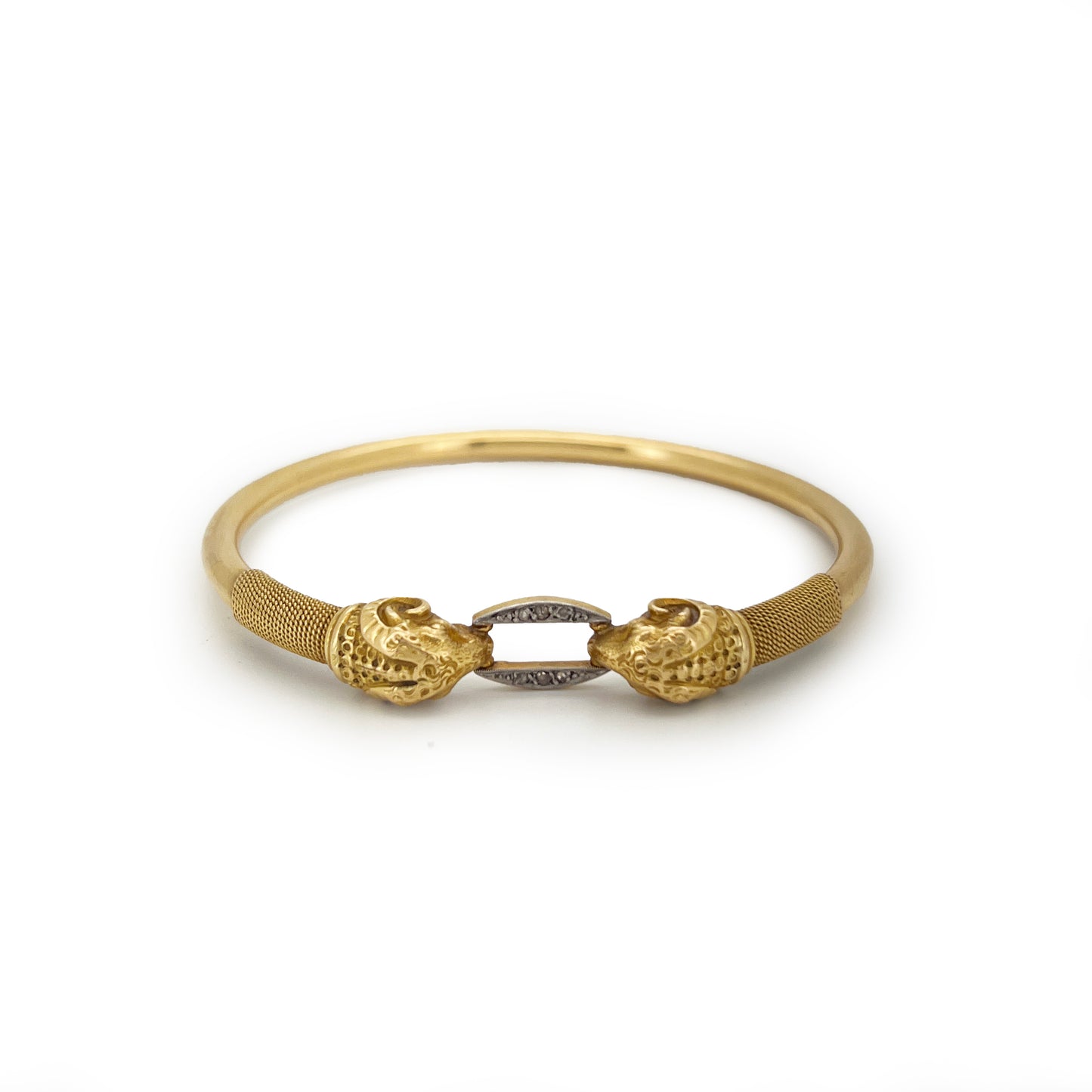 Vintage Diamond + 18ct Yellow Gold Rams Head Bangle - 8.5"