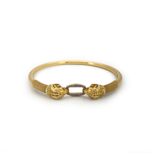 Vintage Diamond + 18ct Yellow Gold Rams Head Bangle - 8.5"
