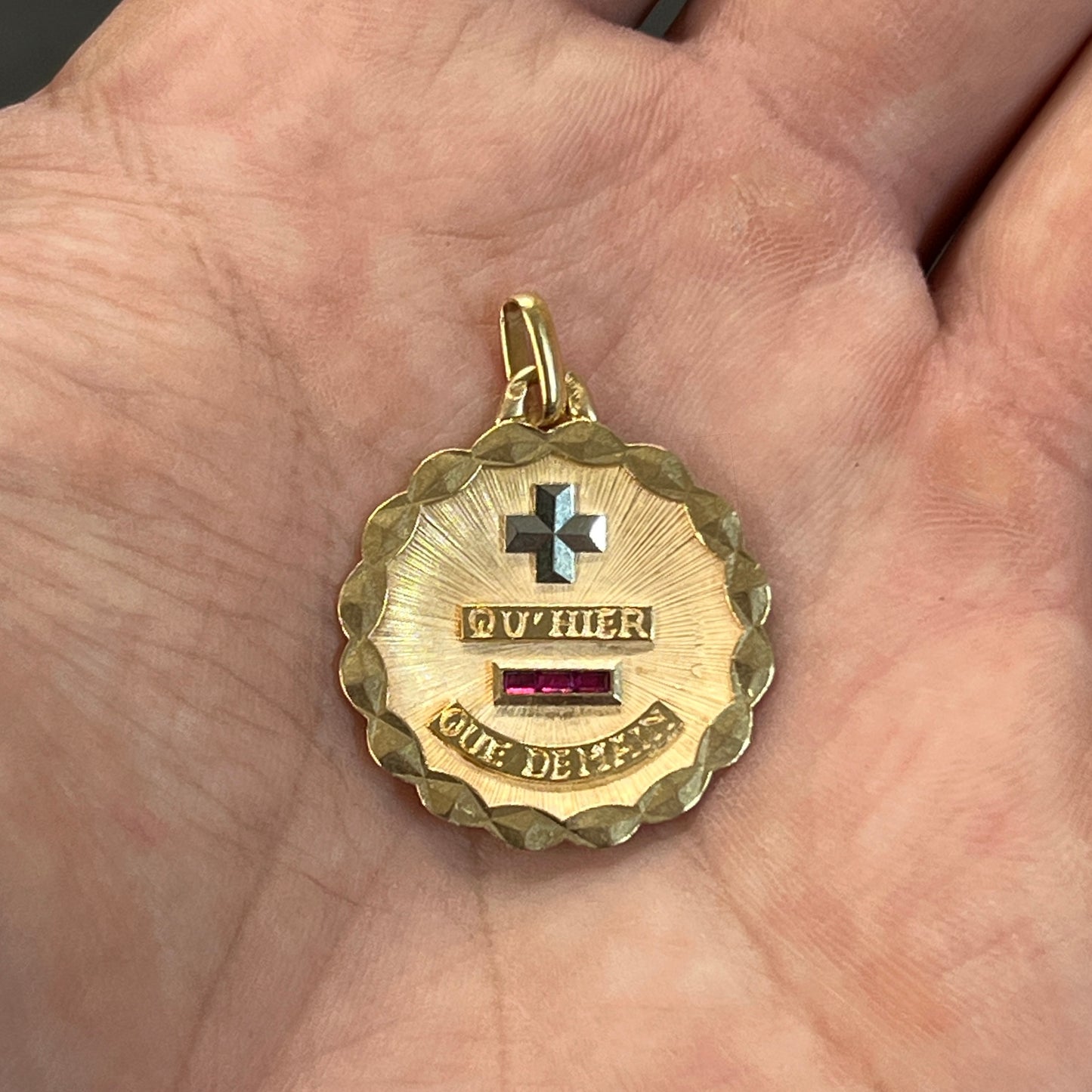 Antique Art Deco Ruby + 18k Yellow Gold Augis Love Token Pendant