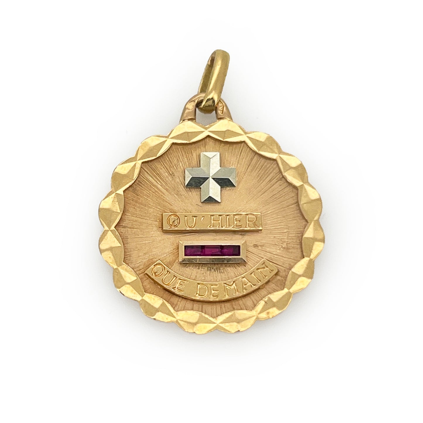 Antique Art Deco Ruby + 18k Yellow Gold Augis Love Token Pendant