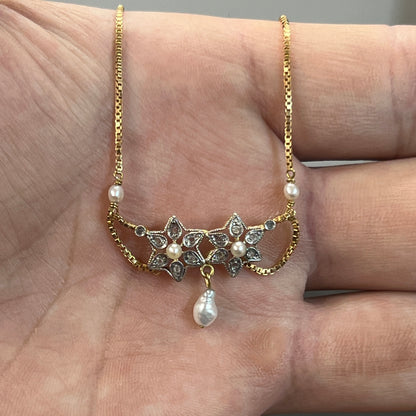 Antique Art Nouveau Diamond + Pearl + 18k Yellow Gold Lavalier Necklace - 16"L