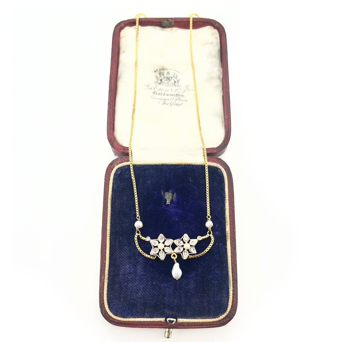 Antique Art Nouveau Diamond + Pearl + 18k Yellow Gold Lavalier Necklace - 16"L