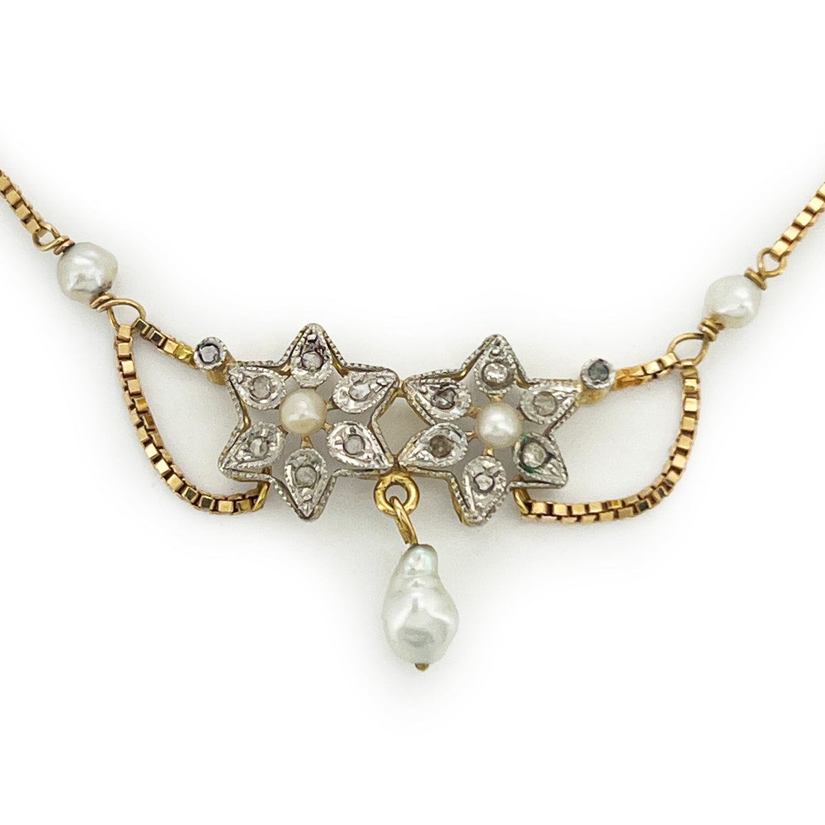 Antique Art Nouveau Diamond + Pearl + 18k Yellow Gold Lavalier Necklace - 16"L