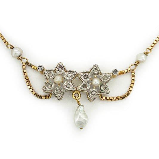 Antique Art Nouveau Diamond + Pearl + 18k Yellow Gold Lavalier Necklace - 16"L