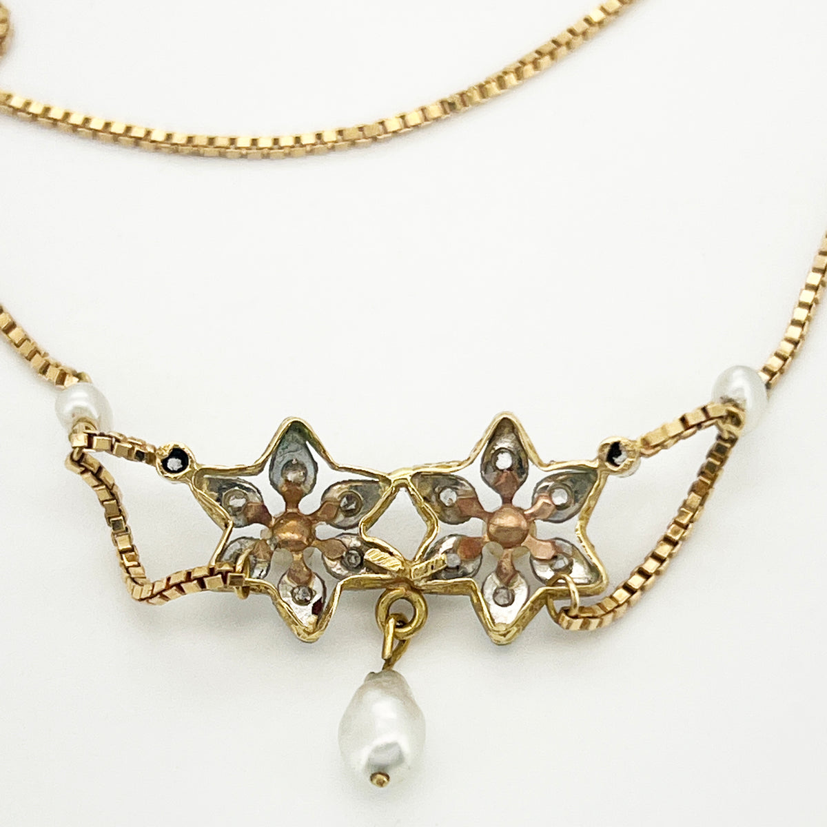 Antique Art Nouveau Diamond + Pearl + 18k Yellow Gold Lavalier Necklace - 16"L