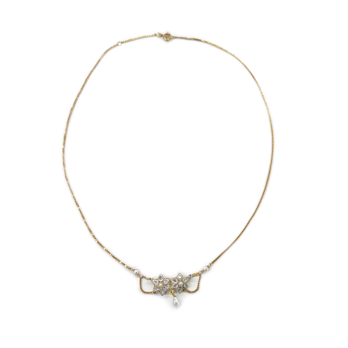 Antique Art Nouveau Diamond + Pearl + 18k Yellow Gold Lavalier Necklace - 16"L