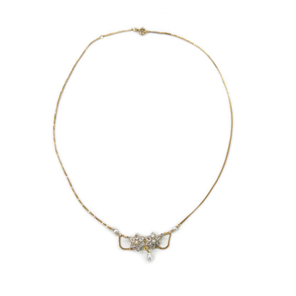 Antique Art Nouveau Diamond + Pearl + 18k Yellow Gold Lavalier Necklace - 16"L