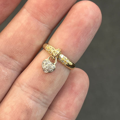 Vintage Diamond + 18k Yellow Gold Heart Dangle Charm Ring - Sz. 5.75