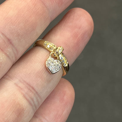 Vintage Diamond + 18k Yellow Gold Heart Dangle Charm Ring - Sz. 5.75