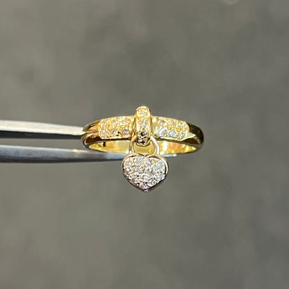 Vintage Diamond + 18k Yellow Gold Heart Dangle Charm Ring - Sz. 5.75