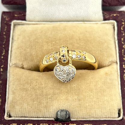 Vintage Diamond + 18k Yellow Gold Heart Dangle Charm Ring - Sz. 5.75