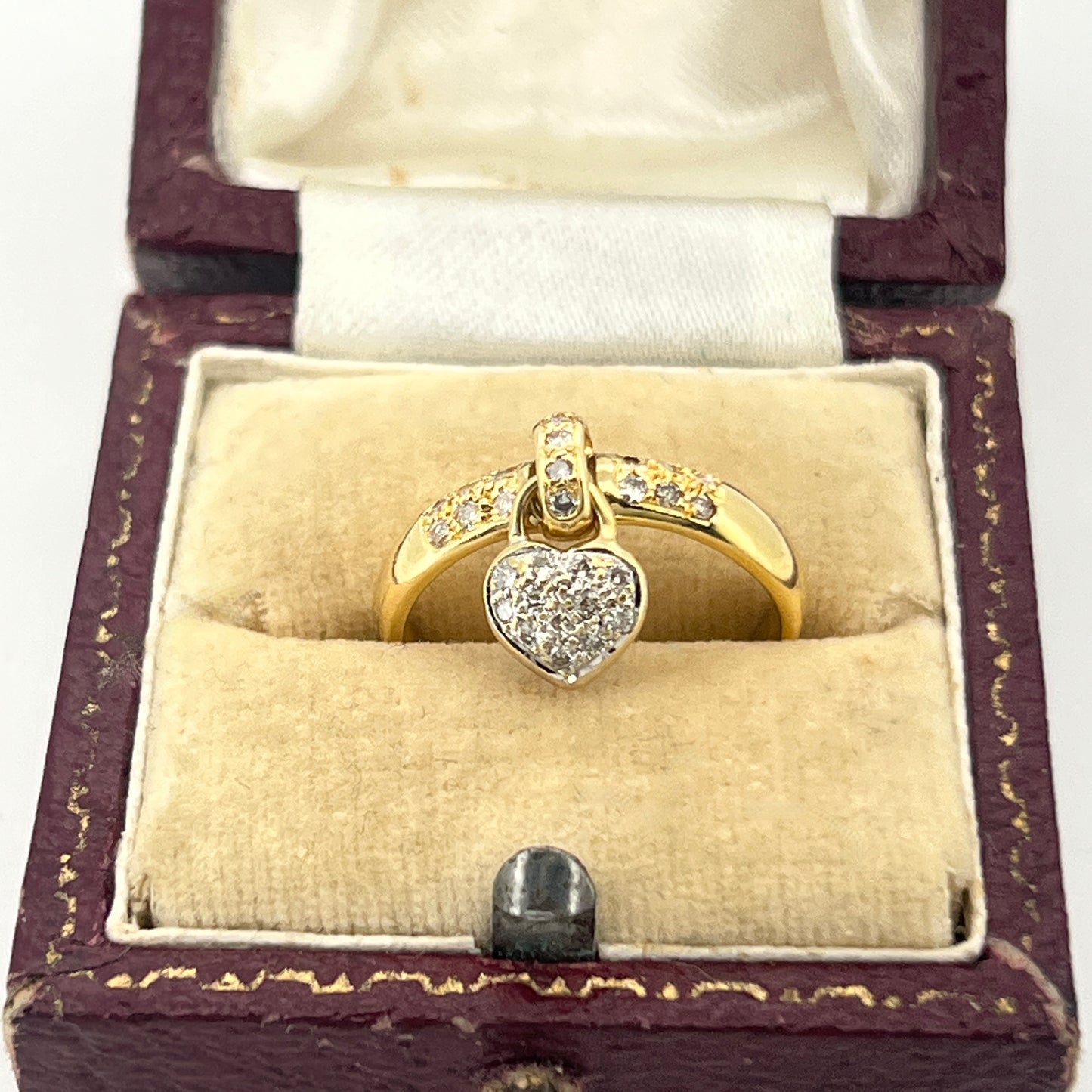 Vintage Diamond + 18k Yellow Gold Heart Dangle Charm Ring - Sz. 5.75