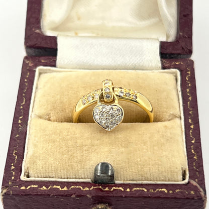Vintage Diamond + 18k Yellow Gold Heart Dangle Charm Ring - Sz. 5.75