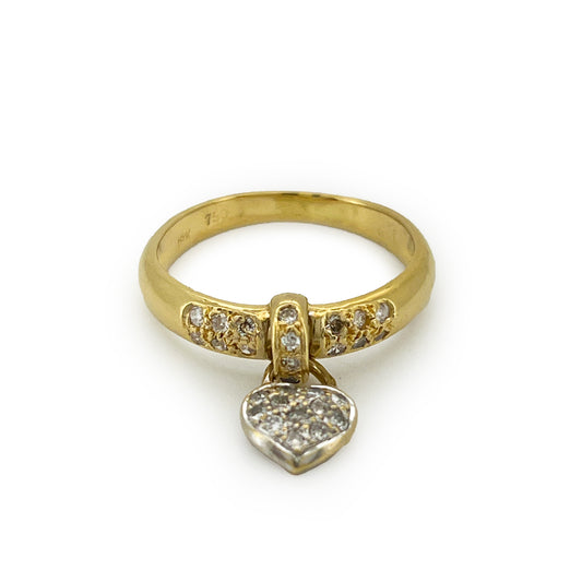 Vintage Diamond + 18k Yellow Gold Heart Dangle Charm Ring - Sz. 5.75