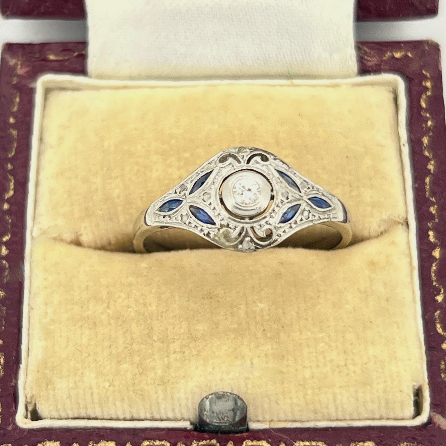 Antique Art Deco Diamond + Sapphire + 18k White Gold Ring - Sz.8