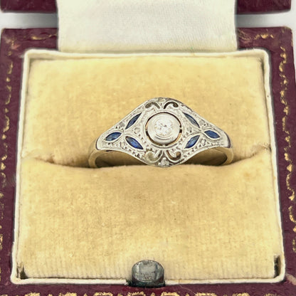 Antique Art Deco Diamond + Sapphire + 18k White Gold Ring - Sz.8