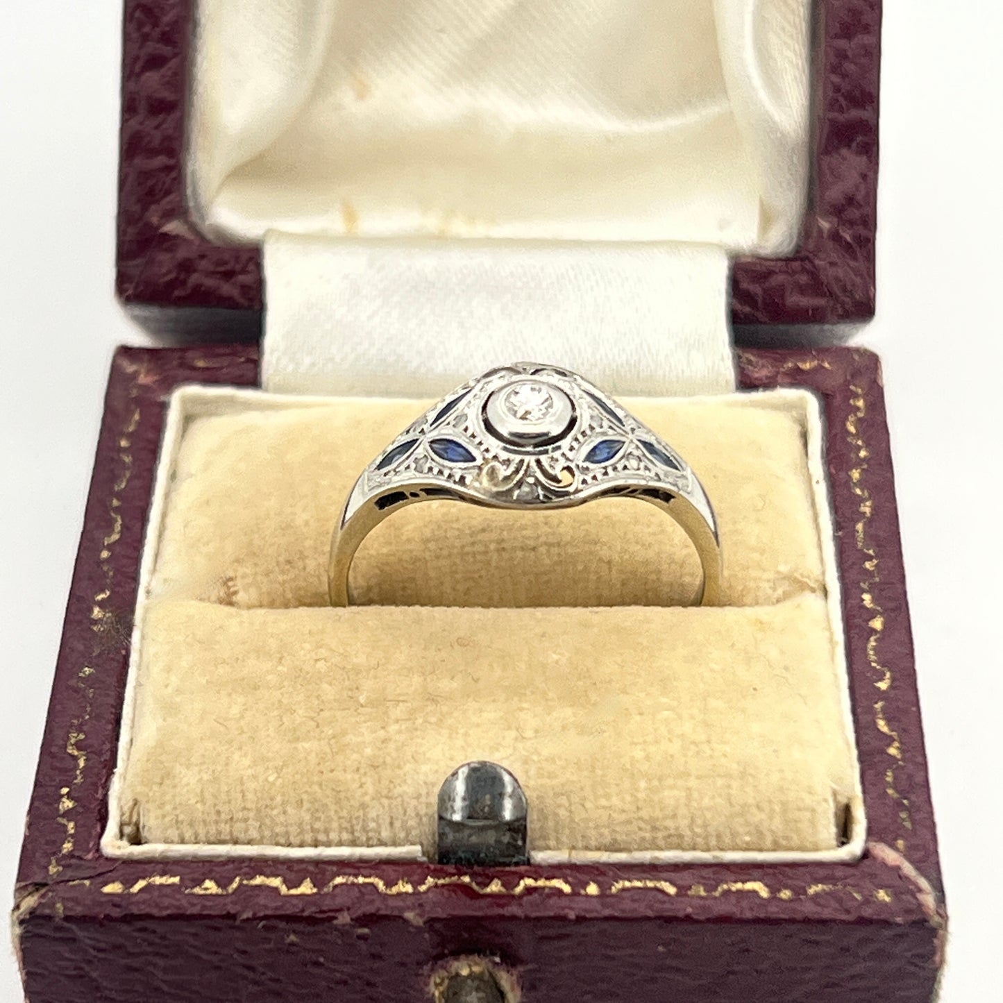 Antique Art Deco Diamond + Sapphire + 18k White Gold Ring - Sz.8
