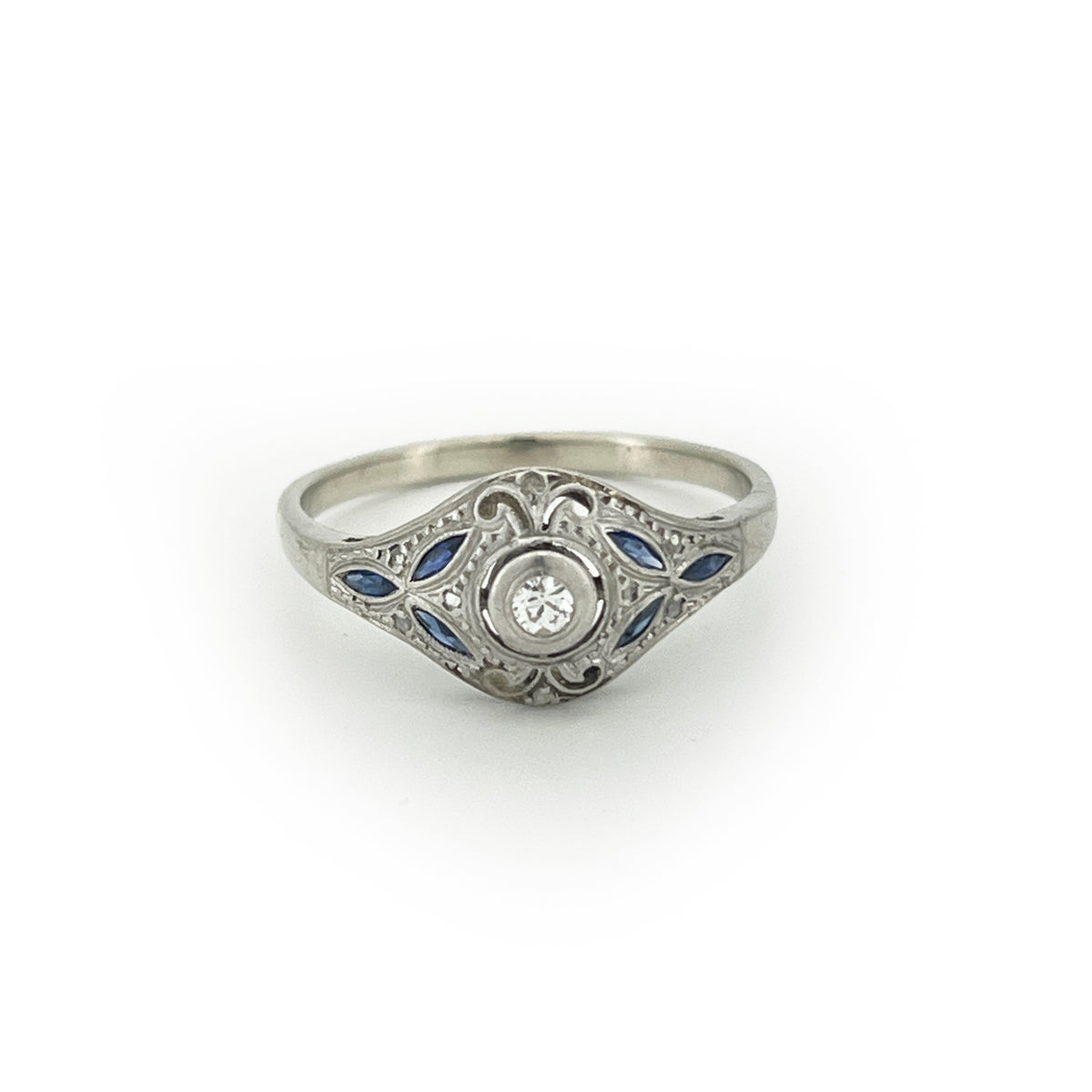 Antique Art Deco Diamond + Sapphire + 18k White Gold Ring - Sz.8