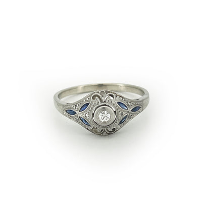 Antique Art Deco Diamond + Sapphire + 18k White Gold Ring - Sz.8