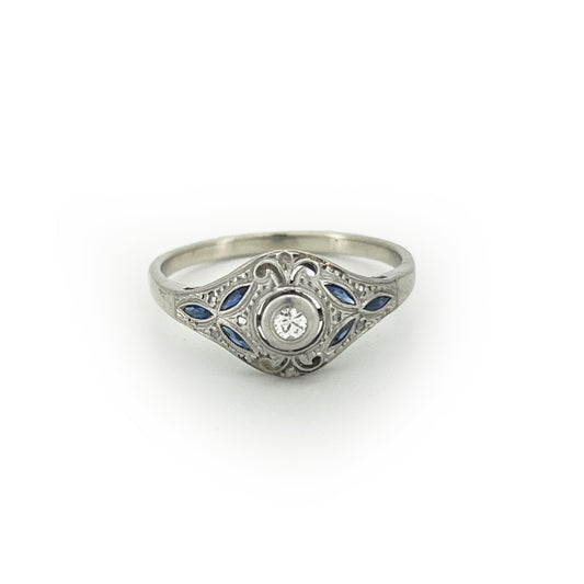 Antique Art Deco Diamond + Sapphire + 18k White Gold Ring - Sz.8