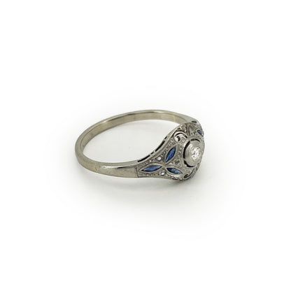 Antique Art Deco Diamond + Sapphire + 18k White Gold Ring - Sz.8