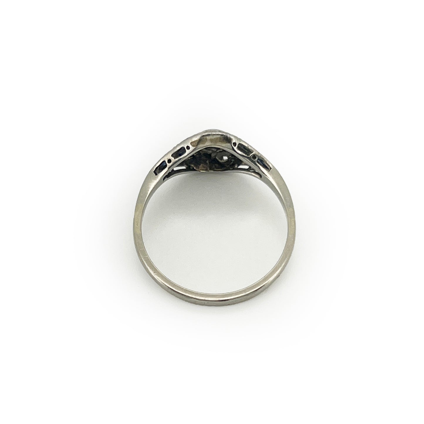 Antique Art Deco Diamond + Sapphire + 18k White Gold Ring - Sz.8