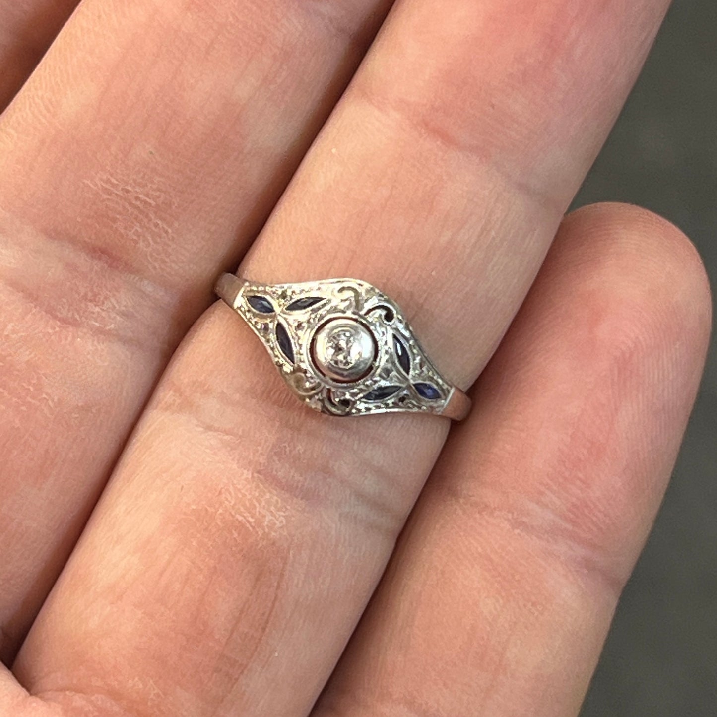 Antique Art Deco Diamond + Sapphire + 18k White Gold Ring - Sz.8