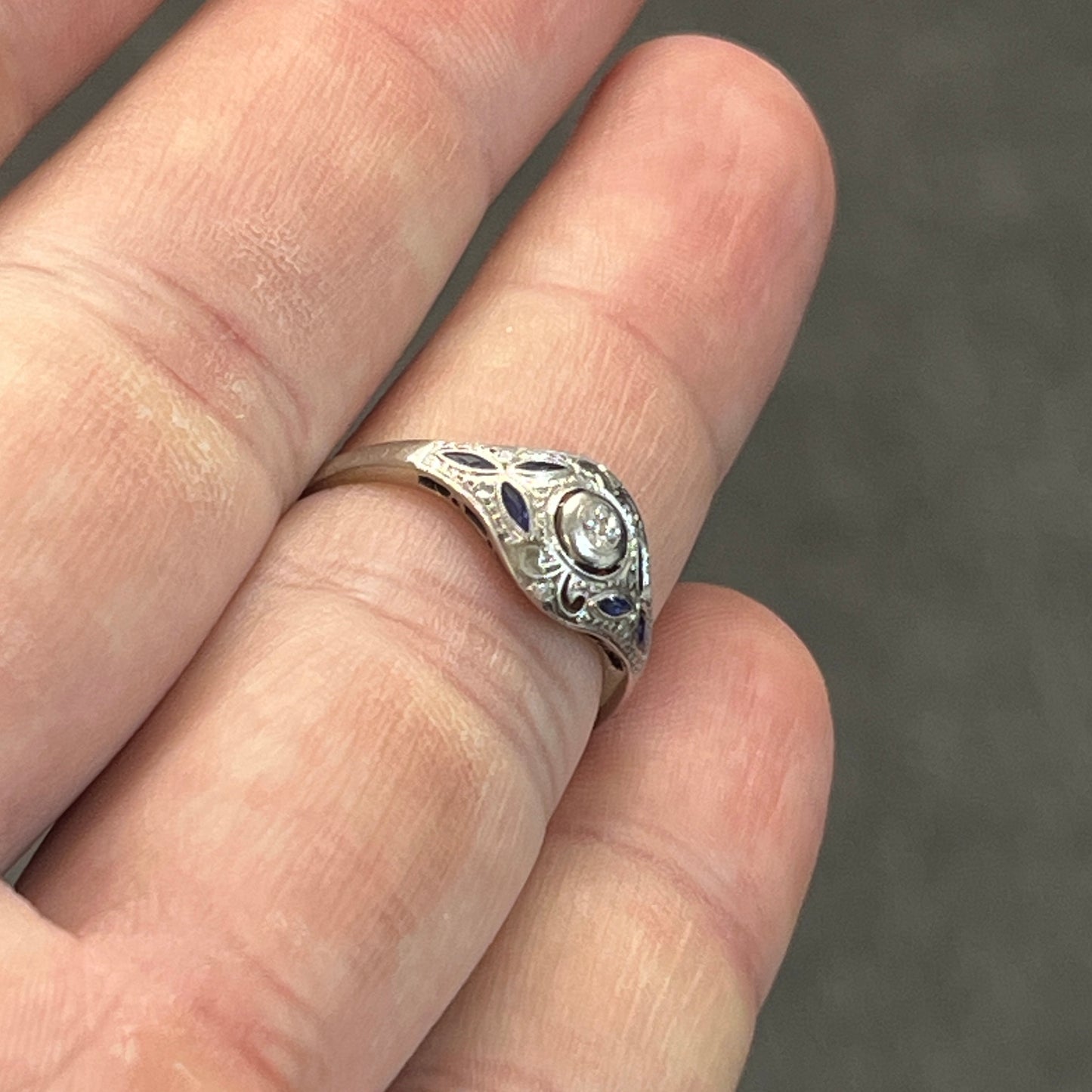 Antique Art Deco Diamond + Sapphire + 18k White Gold Ring - Sz.8