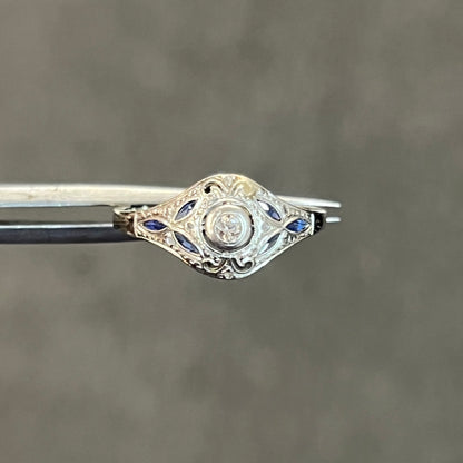 Antique Art Deco Diamond + Sapphire + 18k White Gold Ring - Sz.8